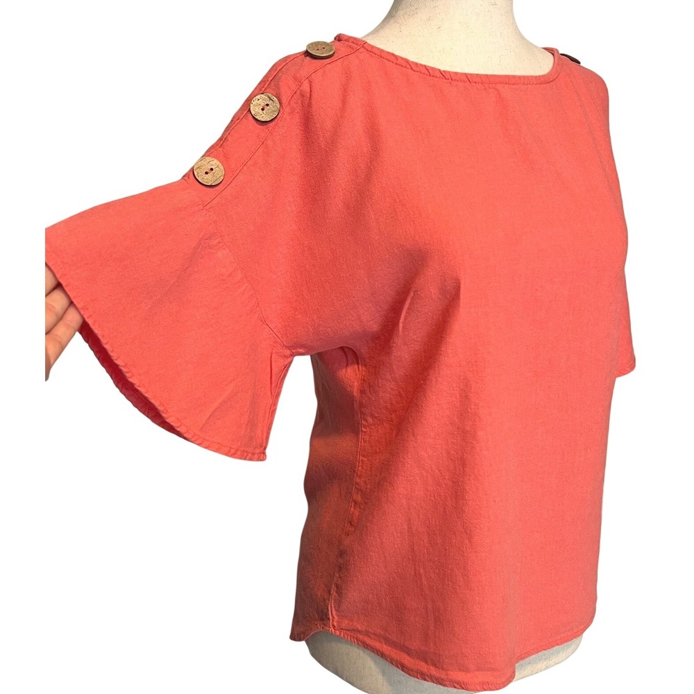 Ellen Tracy Women's M Linen Blend Top Coral Pink Flare Sleeve Button Shoulder